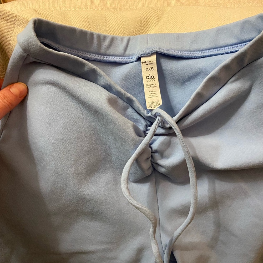 ALO Yoga leggings - straight leg, slight flare, tie waist, BABY BLUE